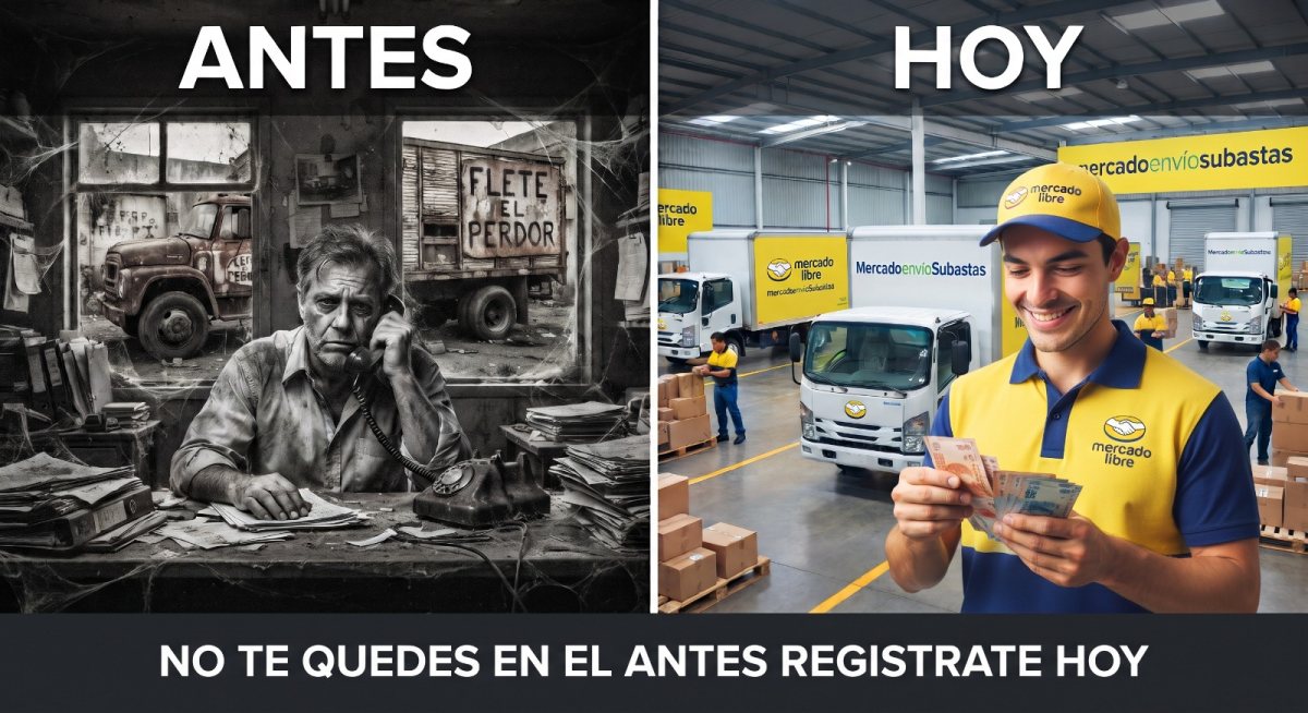 Imagen comparativa de un escritorio con papeles y un galpón con billetes y vehículos.
